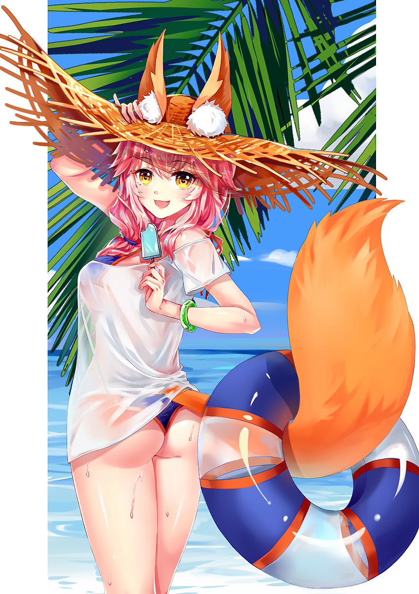 1girl animal_ears ass bare_shoulders bikini blue_bikini bracelet breasts cleavage day ears_through_headwear fang fate/grand_order fate_(series) food fox_ears fox_tail hair_ribbon hat highres holding innertube jewelry large_breasts long_hair looking_at_viewer looking_back ocean open_mouth outdoors pink_hair popsicle ribbon see-through shirt side-tie_bikini sky solo sun_hat swimsuit tail tamamo_(fate)_(all) tamamo_no_mae_(swimsuit_lancer)_(fate) water xixi yellow_eyes