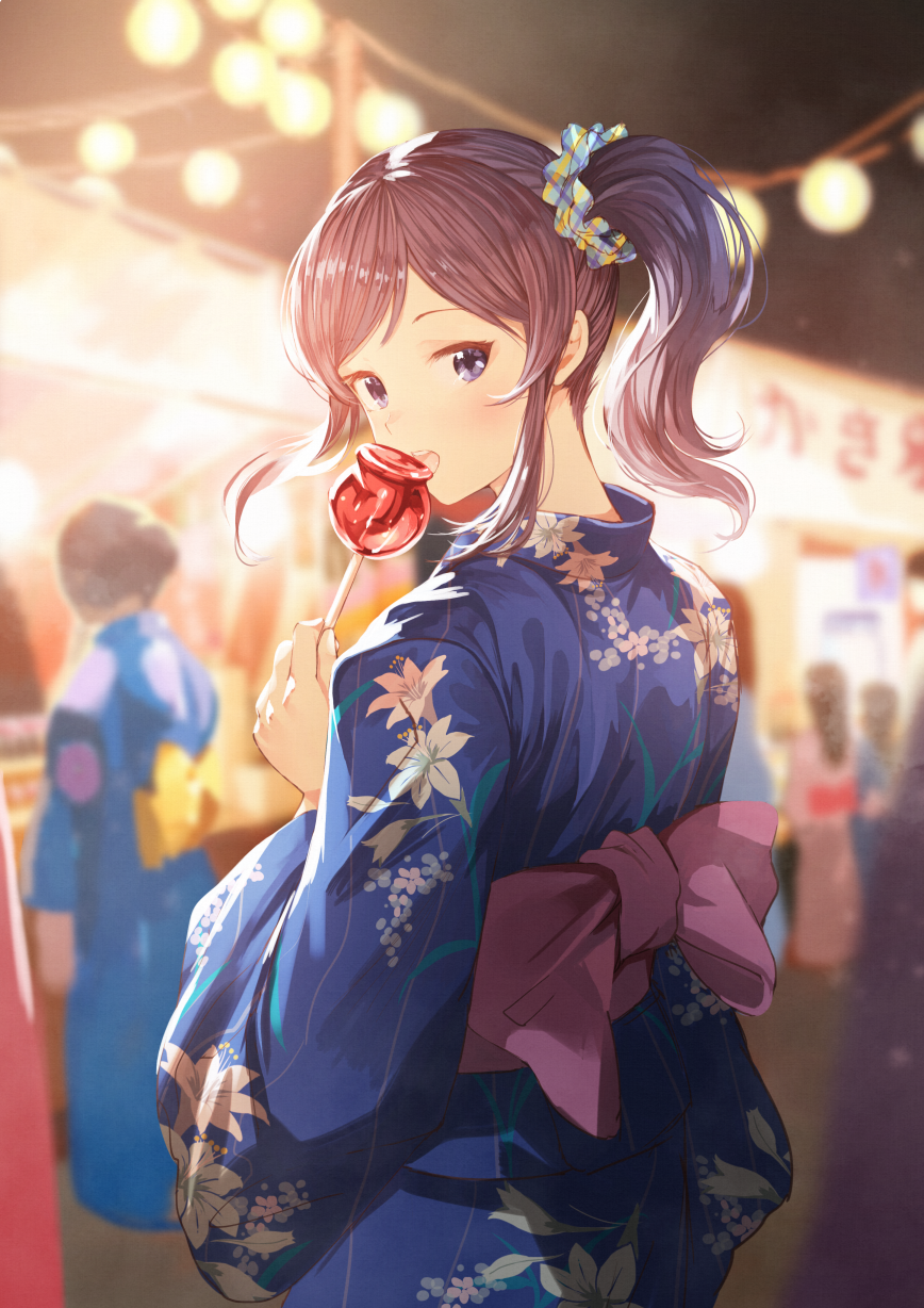 1girl aikatsu! alternate_costume blue_eyes blue_hair blue_kimono candy_apple commentary_request festival floral_print food hair_ornament highres japanese_clothes kimono kiriya_aoi koruse lantern_festival long_hair looking_at_viewer obi sash scrunchie side_ponytail wide_sleeves yukata