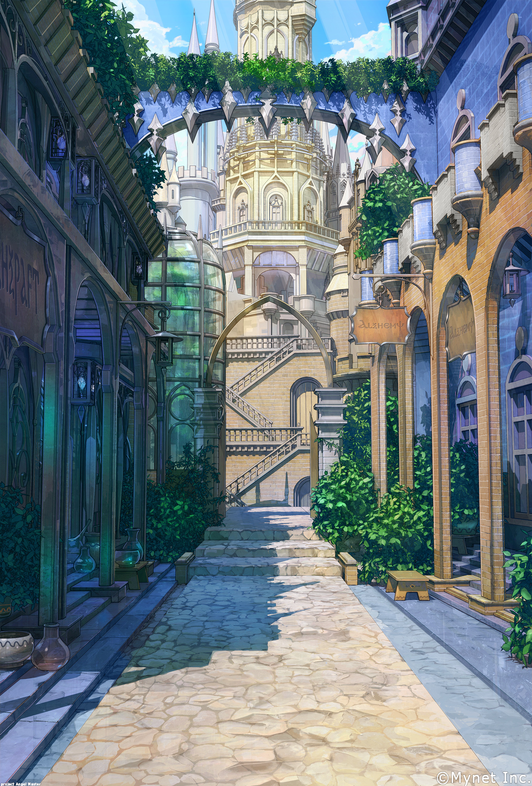 angelmaster arch arsenixc blue_sky bush city column commentary_request day highres no_humans outdoors path pillar pot road scenery sky stairs sunlight tower watermark