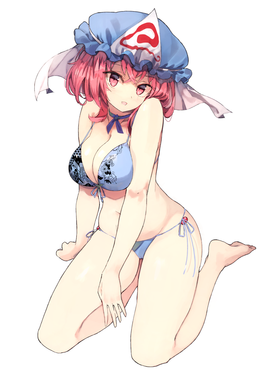 1girl adapted_costume bangs bare_shoulders bikini blue_bikini blush breasts choker cleavage full_body groin hat highres kasuka_(kusuki) large_breasts looking_at_viewer mob_cap navel parted_lips pink_eyes pink_hair print_bikini ribbon_choker saigyouji_yuyuko side-tie_bikini sitting smile solo stomach swimsuit touhou triangular_headpiece