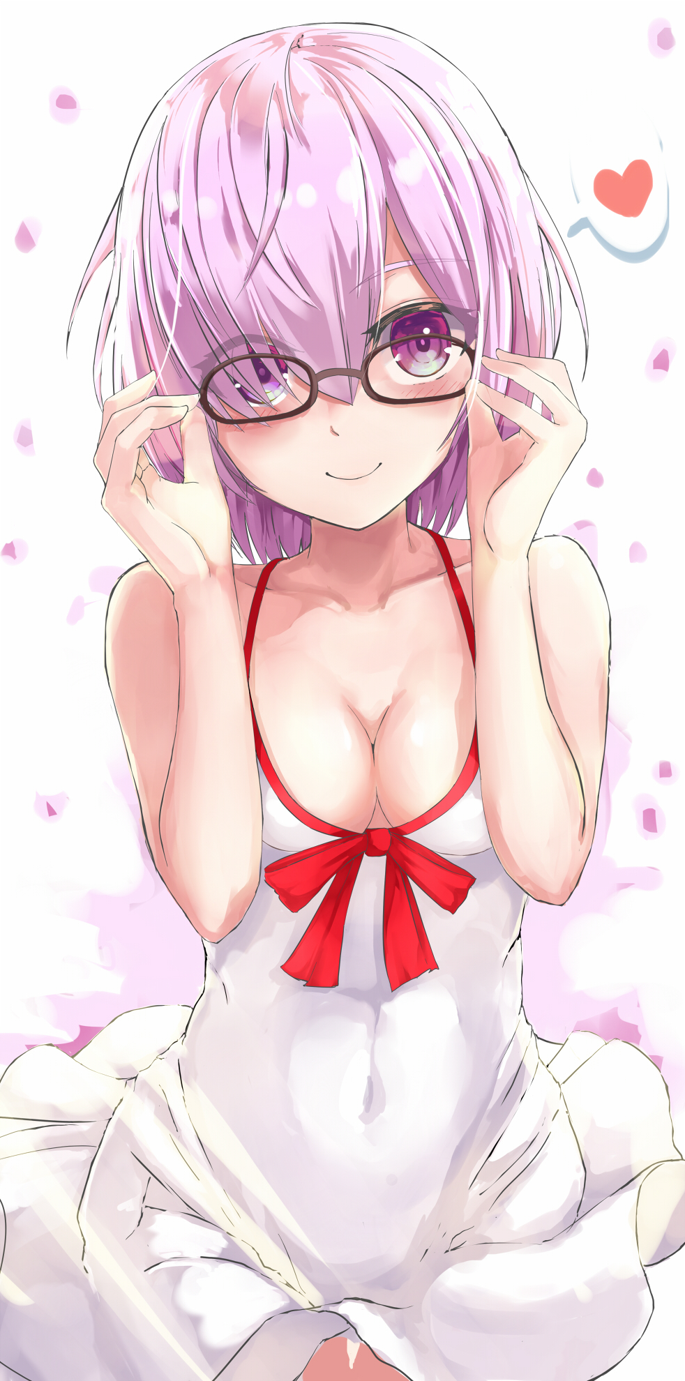 1girl adjusting_glasses bare_arms bare_shoulders black-framed_eyewear blush breasts cleavage collarbone covered_navel dress eyes_visible_through_hair fate/grand_order fate_(series) glasses hair_over_one_eye heart highres lavender_hair looking_at_viewer medium_breasts nigouu petals red_ribbon ribbon shielder_(fate/grand_order) shiny shiny_hair short_hair simple_background sleeveless sleeveless_dress smile solo speech_bubble spoken_heart sundress upper_body violet_eyes white_background white_dress