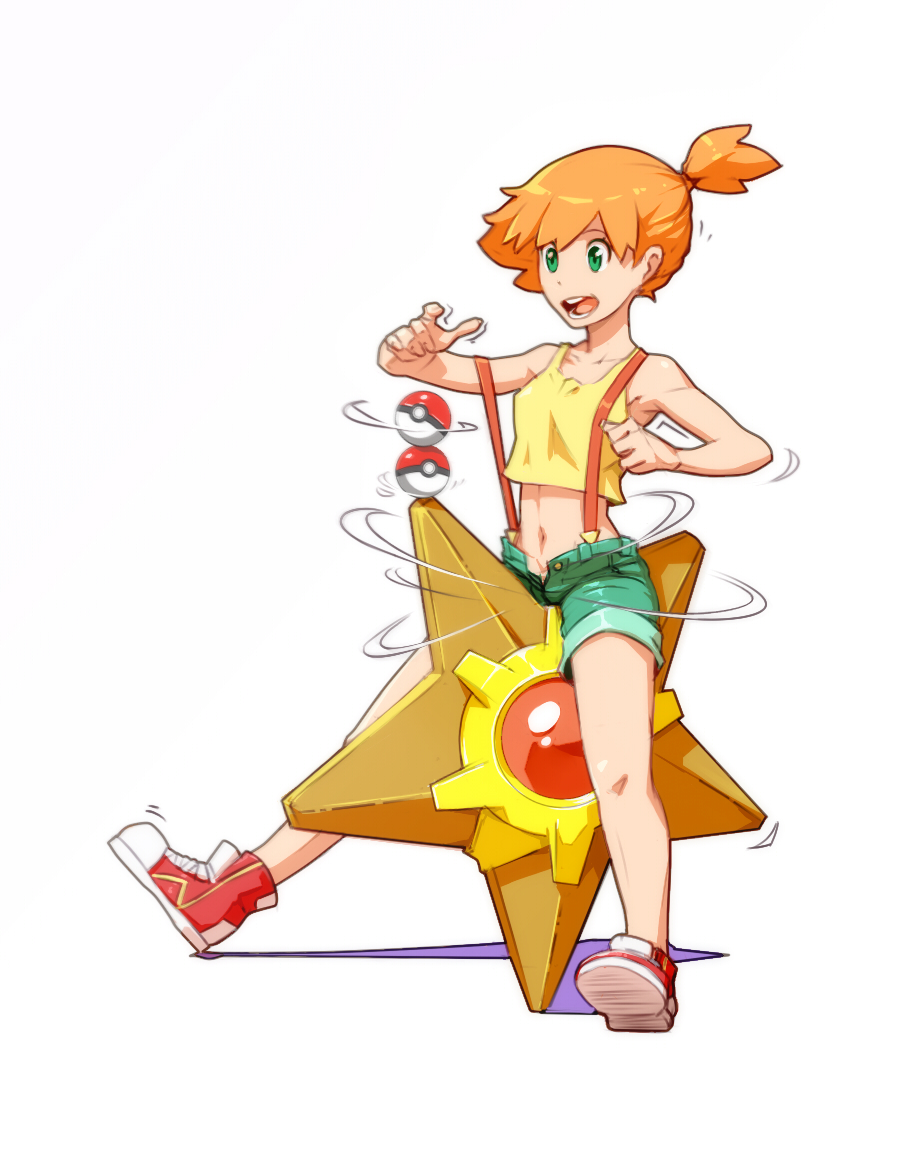 1girl balancing green_eyes kasumi_(pokemon) materclaws midriff navel open_fly open_mouth orange_hair poke_ball pokemon pokemon_(anime) pokemon_(creature) short_shorts shorts side_ponytail simple_background sitting staryu stomach suspenders suspenders_slip tank_top