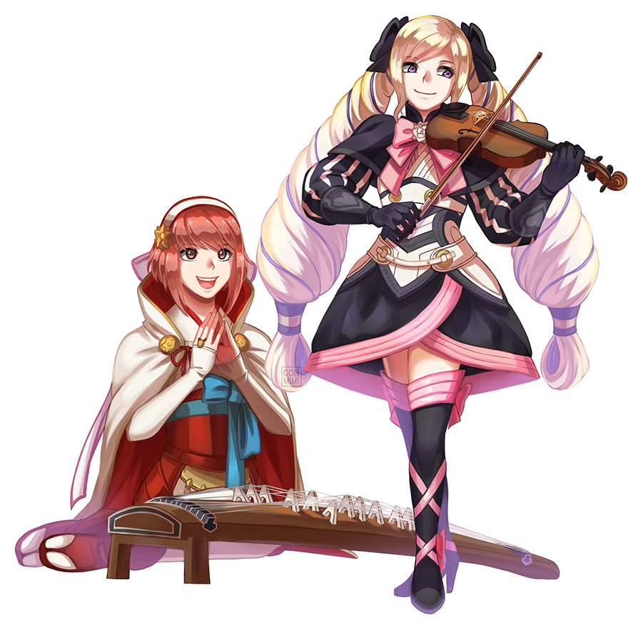 2girls blonde_hair bob_cut clapping conmimi dress drill_hair elbow_gloves elise_(fire_emblem_if) fire_emblem fire_emblem_if gloves instrument japanese_clothes koto_(instrument) multiple_girls pink_hair sakura_(fire_emblem_if) simple_background smile violin white_background
