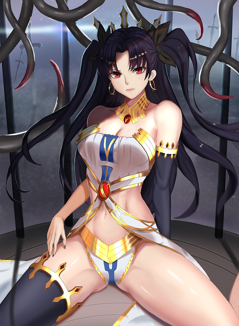 &gt;:( 1girl arm_support asymmetrical_clothes asymmetrical_legwear bare_shoulders black_gloves black_hair black_legwear breasts cage cleavage closed_mouth crown cyicheng earrings elbow_gloves fate/grand_order fate_(series) gloves gluteal_fold hair_ribbon hoop_earrings in_cage ishtar_(fate/grand_order) jewelry long_hair looking_at_viewer medium_breasts midriff navel neck_ring red_eyes ribbon single_elbow_glove single_thighhigh sitting solo spread_legs stomach sword tentacle thigh-highs thighs tohsaka_rin two_side_up weapon