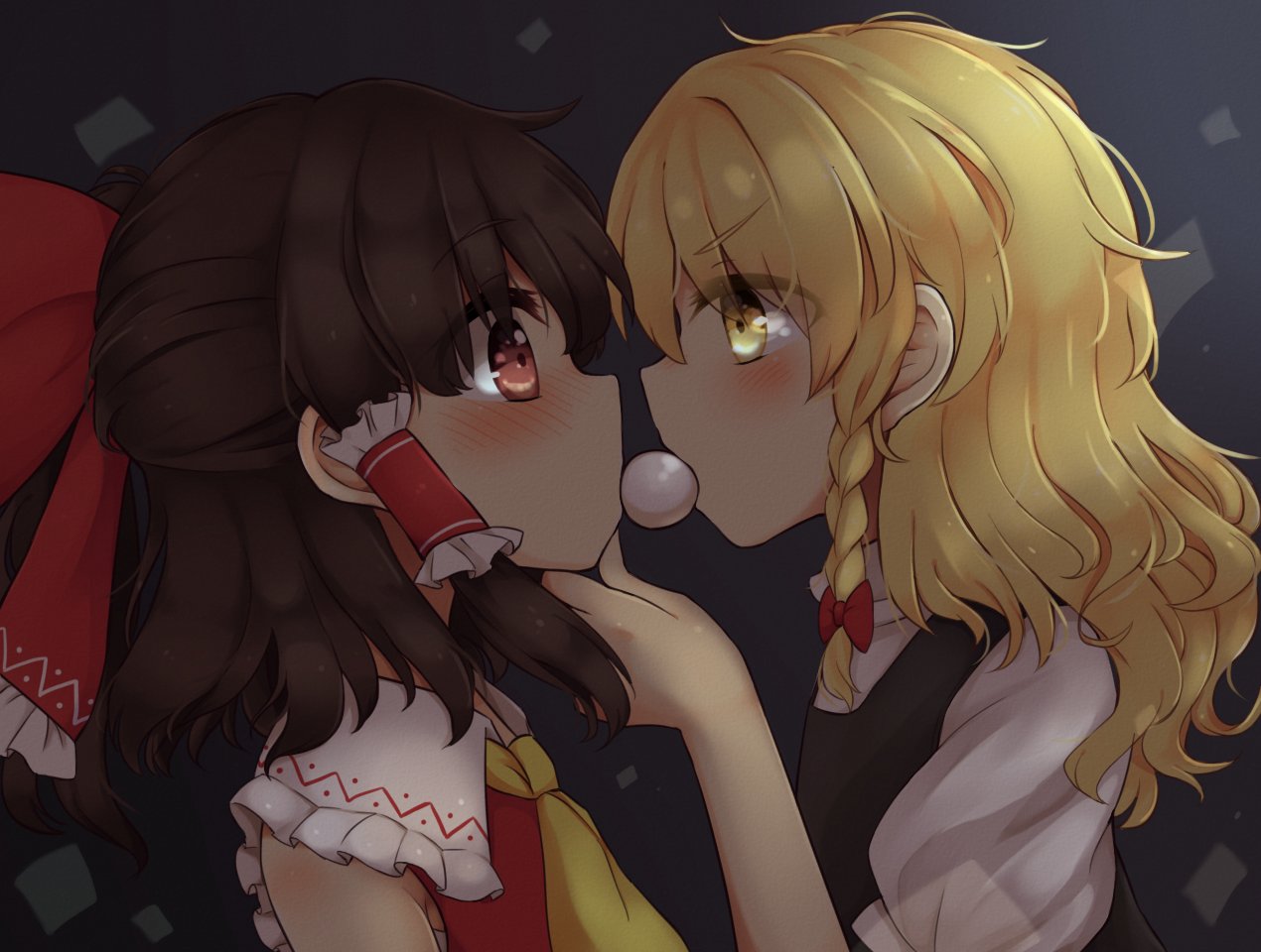 &gt;:( 2girls blonde_hair blush bow braid brown_hair commentary dango flat_chest food hair_bow hakurei_reimu hand_on_another's_chin kirisame_marisa large_bow messy_hair multiple_girls no_hat no_headwear profile red_eyes riza_dxun shared_food side_braid single_braid surprised touhou turtleneck wagashi wavy_hair wide-eyed yellow_eyes yuri