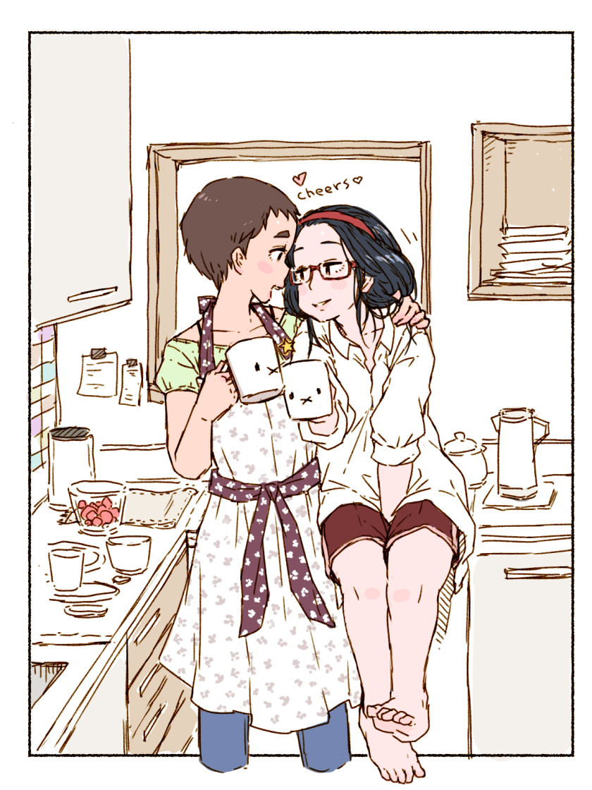 2girls apron arm_around_shoulders between_legs black_border black_hair blush border brown_hair coffee_mug comic cropped_legs eye_contact glasses hand_between_legs heart kitchen looking_at_another m_k multiple_girls original outside_border short_hair shorts sketch smile wife_and_wife yuri