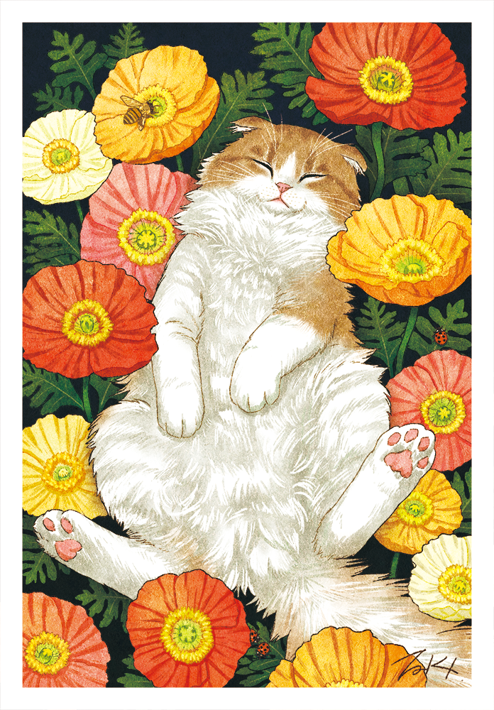 animal brown_fur cat closed_eyes closed_mouth commentary_request facing_viewer field flower flower_field flower_request leaf no_humans original sleeping takigraphic