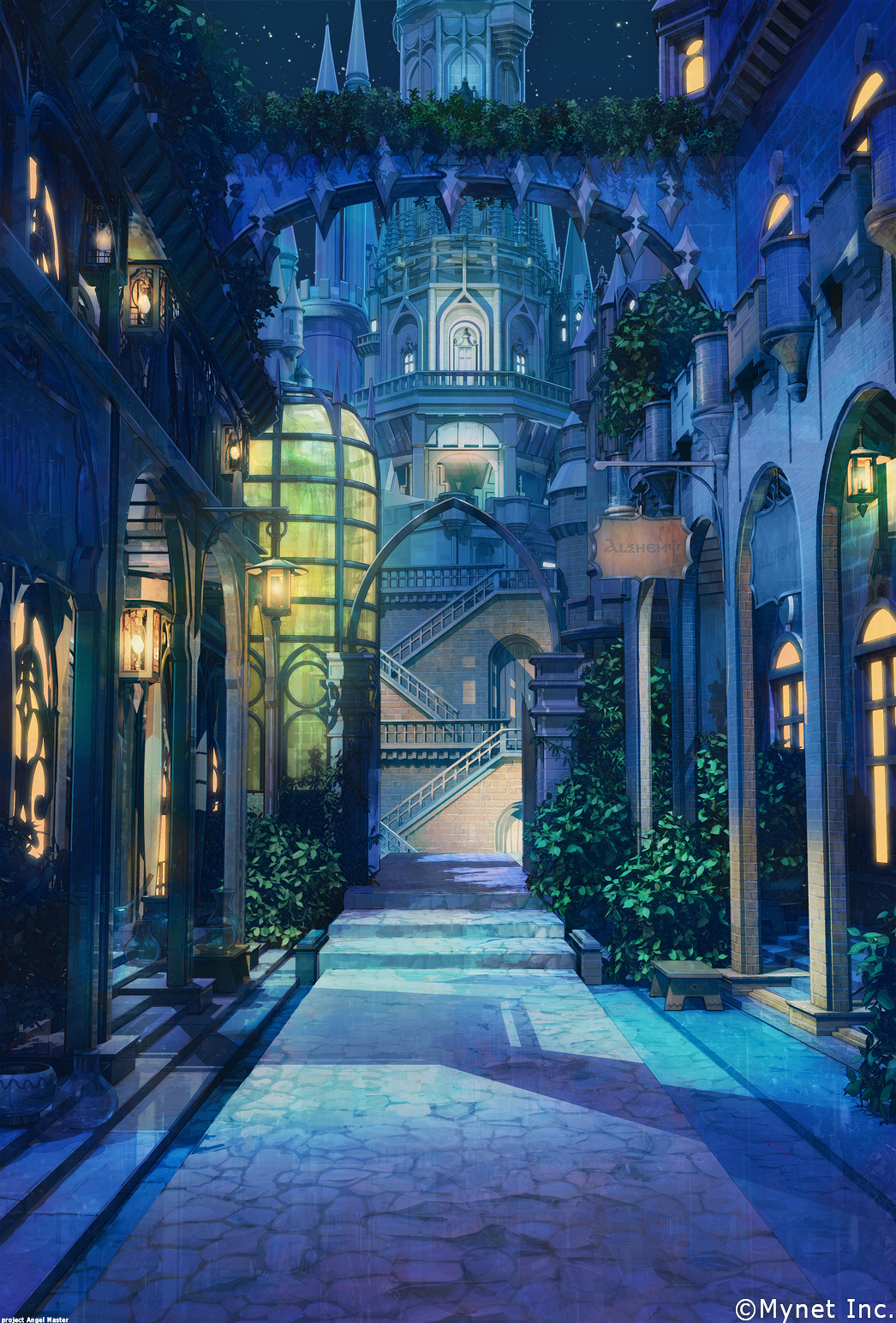 angelmaster arch arsenixc bush city column commentary_request highres night night_sky no_humans outdoors path pillar pot road scenery sky stairs star_(sky) starry_sky tower watermark