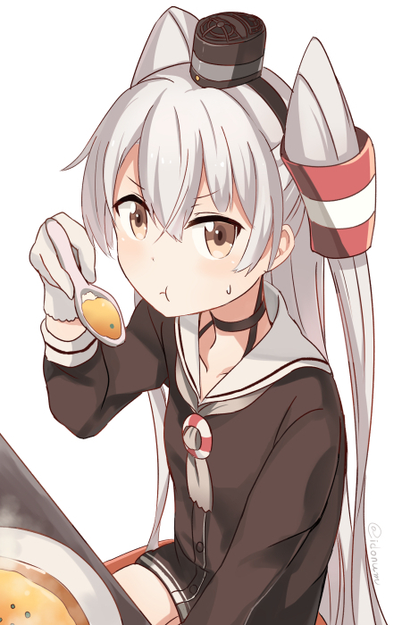 1girl amatsukaze_(kantai_collection) black_dress brown_eyes buttons dress eating food gloves hair_between_eyes hair_tubes holding holding_spoon ido_(teketeke) kantai_collection lifebuoy long_hair long_sleeves sailor_collar sailor_dress silver_hair simple_background solo spoon two_side_up white_background white_gloves white_sailor_collar windsock