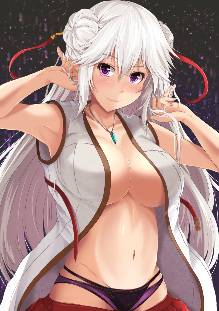 1girl black_panties breasts cleavage closed_mouth double_bun fingernails hair_between_eyes hand_in_hair highres kanzaki_kureha large_breasts lips long_hair looking_at_viewer navel open_clothes original panties panties_under_panties pleated_skirt purple_panties red_skirt skindentation skirt smile solo underwear upper_body violet_eyes white_hair