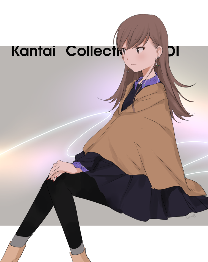 1girl alternate_costume artist_name brown_eyes brown_hair copyright_name earrings eyebrows_visible_through_hair jewelry kantai_collection long_hair long_sleeves nail_polish ooi_(kantai_collection) red_nails smile solo ume_(plumblossom)