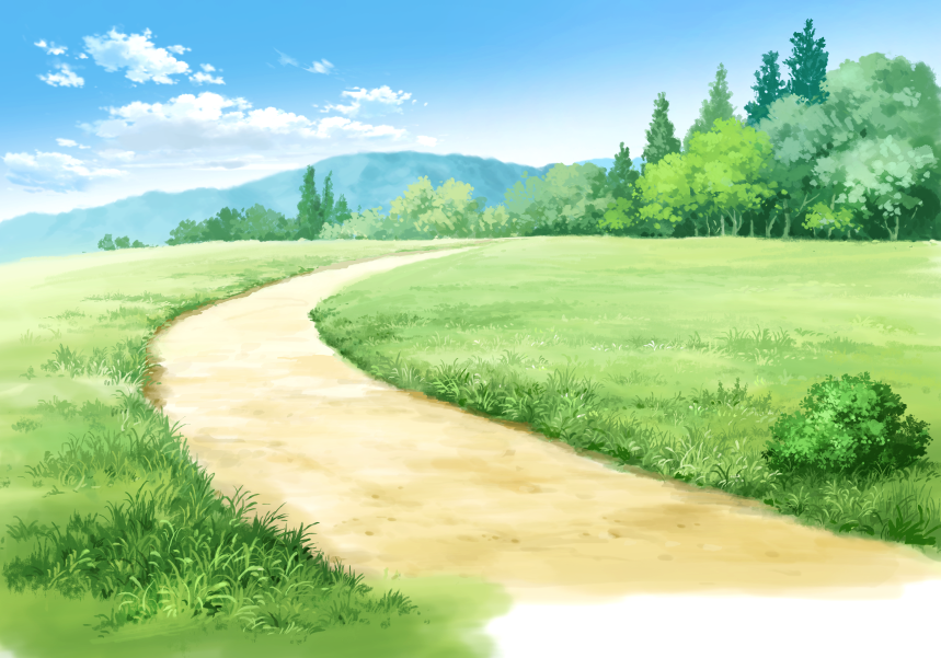 blue_sky bush clouds commentary_request day field forest grass meadow mountain nature no_humans outdoors path road scenery sketch sky stream_(stream1129) tree