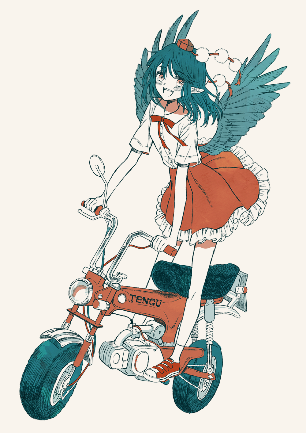 1girl :d bangs beige_background black_hair black_wings blush casual commentary_request eyebrows_visible_through_hair flat_color frilled_skirt frills full_body hat highres leaning_forward legs_apart limited_palette looking_at_viewer moped open_mouth pointy_ears pom_pom_(clothes) red_eyes red_hat red_ribbon red_shoes red_skirt retota ribbon round_teeth shameimaru_aya shirt shoes short_sleeves simple_background skirt smile socks solo standing teeth tokin_hat touhou white_legwear white_shirt wings