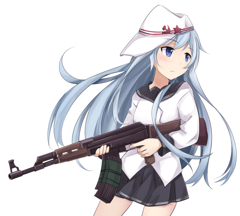 1girl black_sailor_collar black_skirt blue_eyes gun hammer_and_sickle hat hibiki_(kantai_collection) holding holding_gun holding_weapon ido_(teketeke) kantai_collection long_hair long_sleeves pleated_skirt sailor_collar school_uniform serafuku silver_hair simple_background skirt solo verniy_(kantai_collection) weapon white_background white_hat