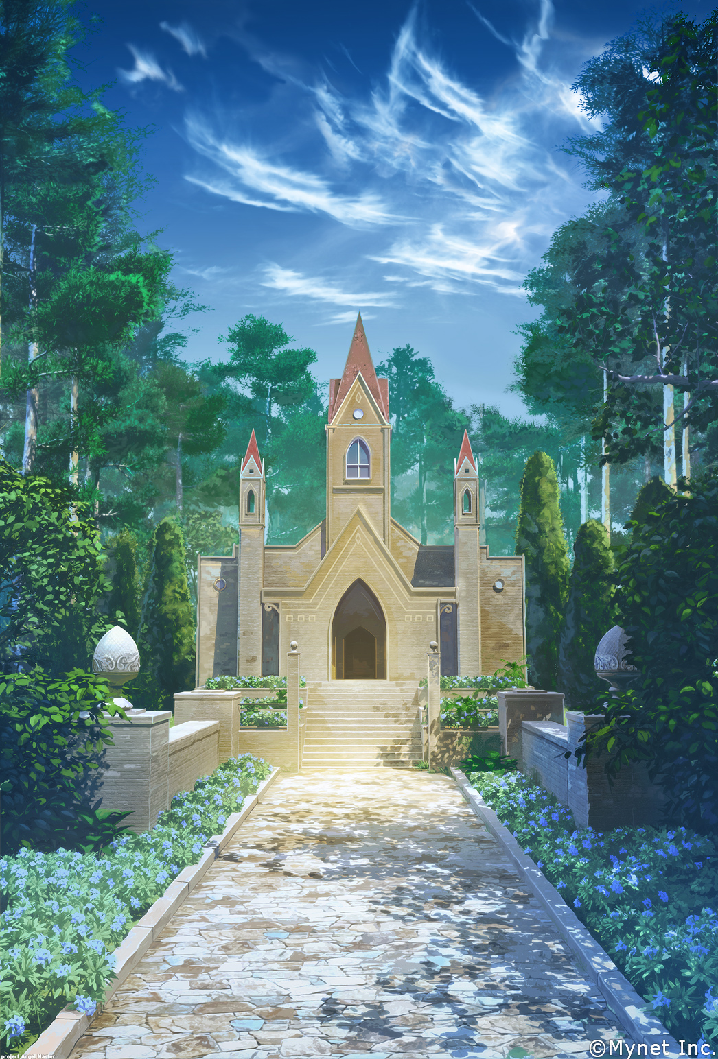 angelmaster arsenixc blue_sky bush church clouds cloudy_sky commentary_request day door forest grass highres nature no_humans outdoors path plant road scenery sky stairs tree watermark