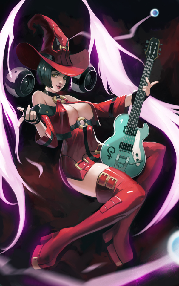 1girl bare_shoulders black_gloves black_hair boots breasts brown_eyes cleavage dress fingerless_gloves full_body gloves guilty_gear guitar hat i-no instrument large_breasts looking_at_viewer looking_to_the_side o-ring_top parted_lips phamoz pointing pointing_at_viewer red_boots revealing_clothes short_dress short_hair smile solo thigh-highs thigh_boots witch_hat