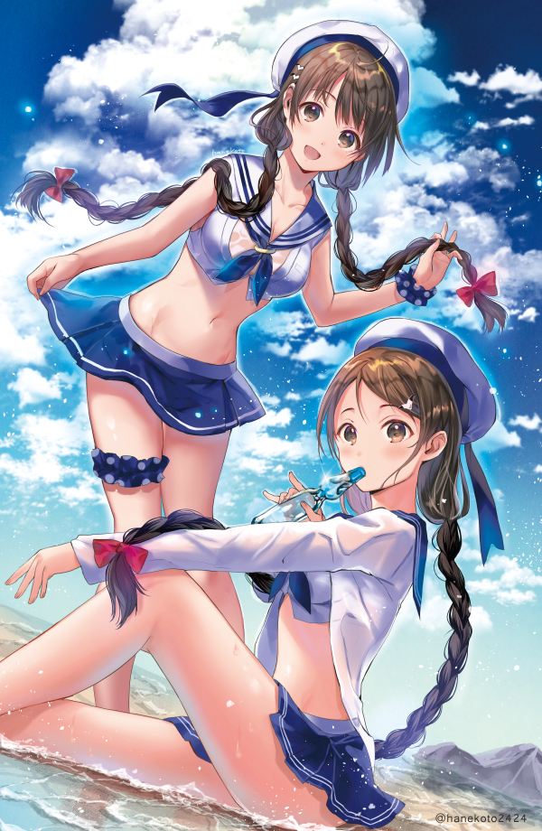 2girls :d bangs beach beret blue_skirt blue_sky bottle bow braid breasts brown_eyes brown_hair clouds cloudy_sky crop_top dutch_angle eyebrows_visible_through_hair forehead hair_bow hair_ornament hairclip hand_up hanekoto hat holding holding_bottle knee_up leg_garter medium_breasts multiple_girls navel open_mouth original outdoors purple_bow ramune sailor sailor_collar shallow_water sitting skirt sky smile standing twin_braids twitter_username