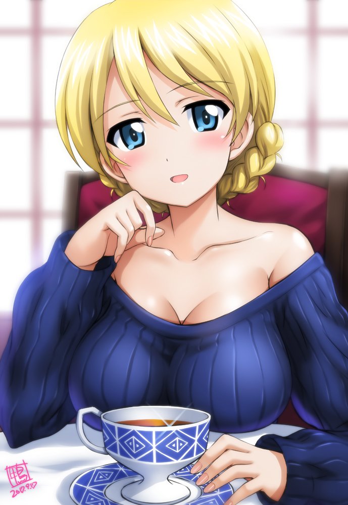 1girl artist_name bare_shoulders blonde_hair blue_eyes blue_sweater blush braid breasts cleavage collarbone commentary_request cup darjeeling dated diffraction_spikes eyebrows_visible_through_hair girls_und_panzer hair_between_eyes kamogawa_tanuki large_breasts long_sleeves looking_at_viewer ribbed_sweater saucer short_hair sitting smile solo sweater teacup tied_hair twin_braids upper_body