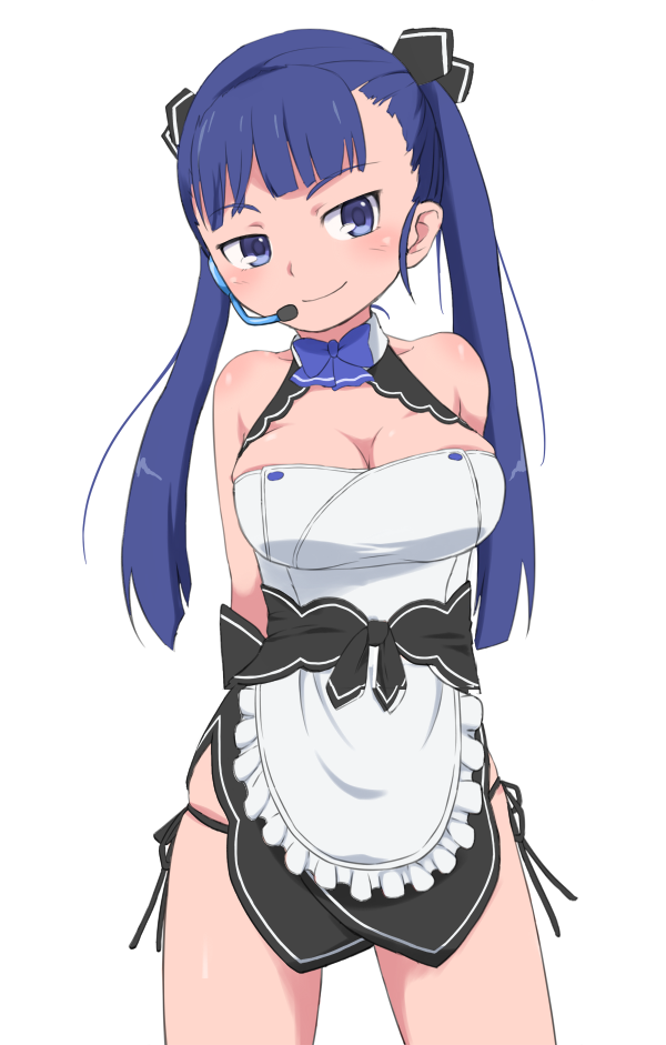 1girl arms_behind_back bare_shoulders black_ribbon blue_bow blue_bowtie blue_eyes blue_hair blush bow bowtie breasts bubukka character_request cleavage closed_mouth hair_ribbon headset large_breasts long_hair looking_to_the_side ribbon simple_background smile solo standing twintails white_background