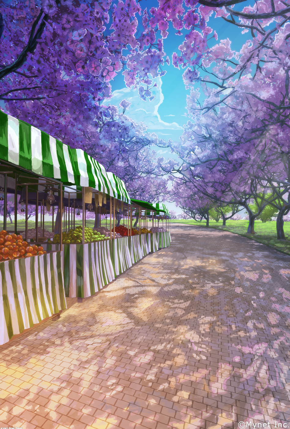 angelmaster arsenixc branch cherry_blossoms commentary_request day food fruit grass highres no_humans outdoors park path road scenery shadow tree tree_shade watermark