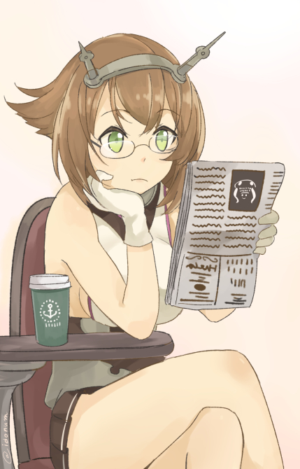 1girl bespectacled black_skirt brown_hair glasses gloves green_eyes headgear holding ido_(teketeke) kantai_collection mutsu_(kantai_collection) newspaper pleated_skirt short_hair sitting skirt solo twitter_username white_gloves