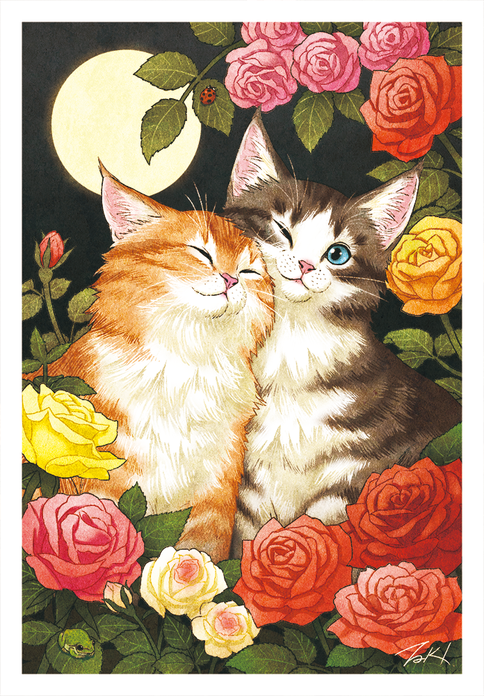 animal blue_eyes brown_fur cat closed_eyes closed_mouth commentary_request flower full_moon ladybug looking_at_viewer moon night night_sky no_humans one_eye_closed orange_fur original pink_rose red_rose rose signature sky takigraphic white_fur yellow_rose