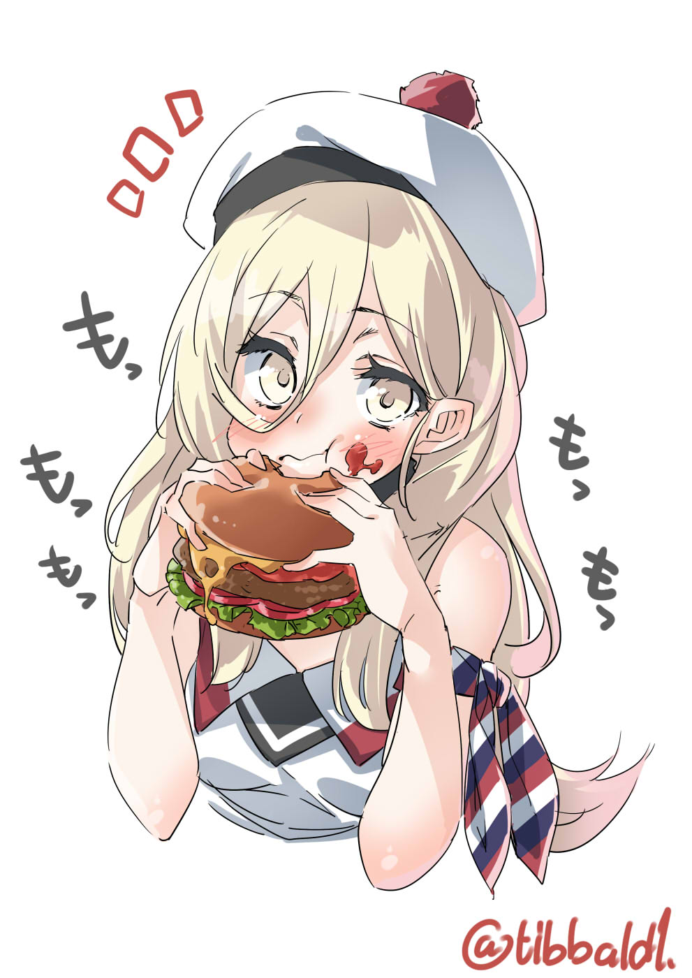 1girl armband beret blonde_hair blush eating ebifurya food food_on_face hamburger hat highres holding holding_food kantai_collection long_hair pom_pom_(clothes) richelieu_(kantai_collection) simple_background sleeveless solo twitter_username white_background yellow_eyes
