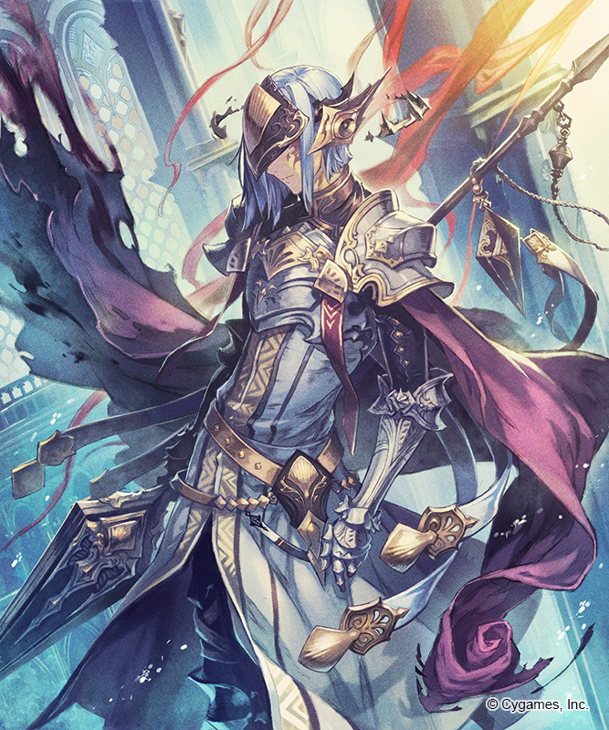 1boy armor blue_eyes breastplate cape closed_mouth commentary_request covered_eyes facial_mark gauntlets headgear helmet knife magic male_focus mayoko_(sisqo_5003) pauldrons robe shingeki_no_bahamut short_hair_with_long_locks smile solo standing watermark