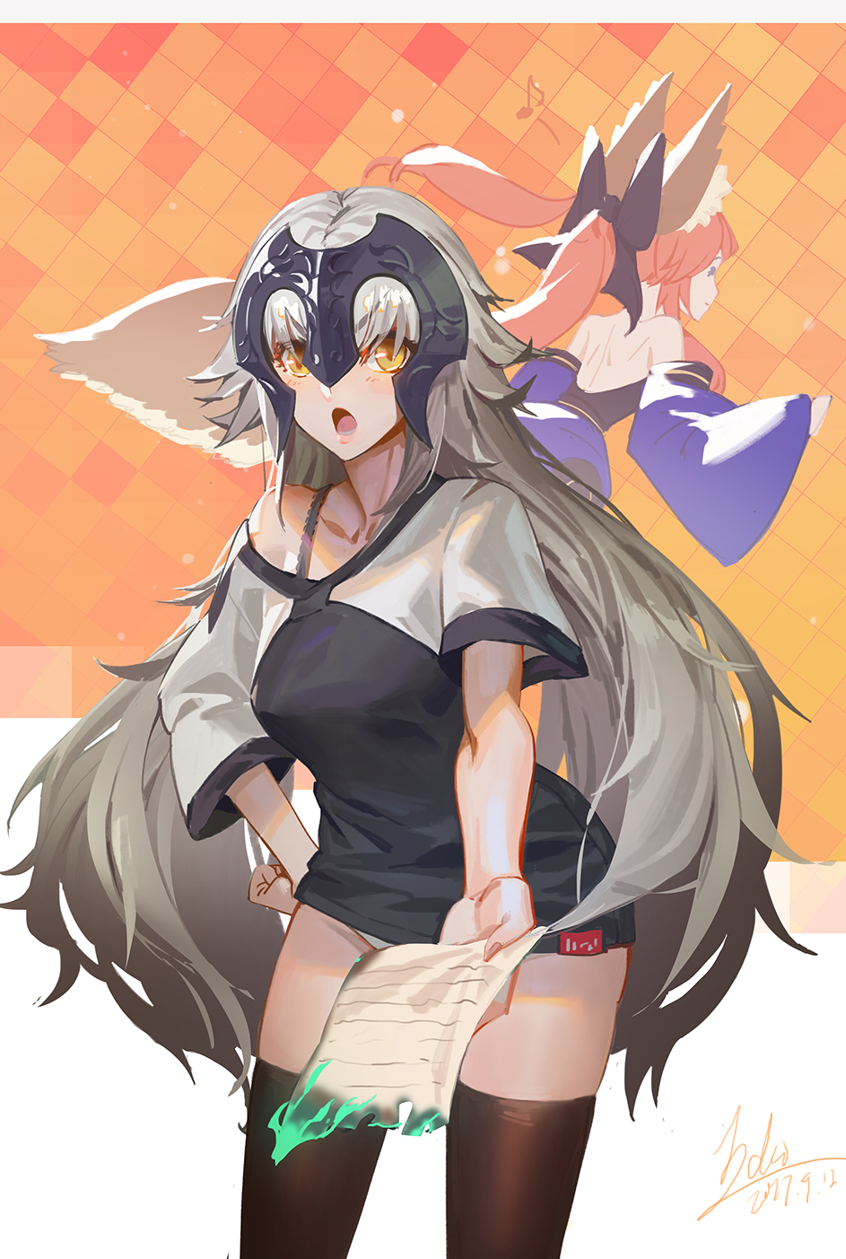 2girls animal_ears bare_shoulders black_legwear bow bra_strap breasts cowboy_shot dated fate/grand_order fate_(series) hair_bow hand_on_hip headpiece highres jeanne_d'arc_(alter)_(fate) jeanne_d'arc_(fate)_(all) large_breasts li_chunfu long_hair looking_at_viewer multiple_girls off_shoulder pink_hair raglan_sleeves shirt silver_hair t-shirt tail tamamo_(fate)_(all) tamamo_no_mae_(fate) thigh-highs twintails very_long_hair white_sleeves yellow_eyes