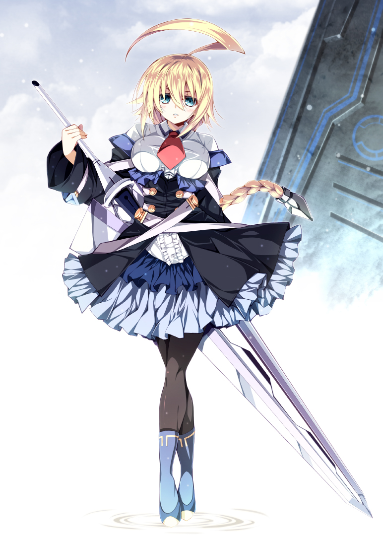 1girl ahoge blazblue blonde_hair blue_eyes blush braid breasts center_frills detached_sleeves dress erect_nipples es_(xblaze) frilled_skirt frills hair_ornament huge_ahoge huge_weapon large_breasts long_hair long_sleeves looking_at_viewer necktie pantyhose parted_lips shirt single_braid skirt solo sword taut_clothes taut_shirt underbust weapon yuuki_makoto_(radiant)