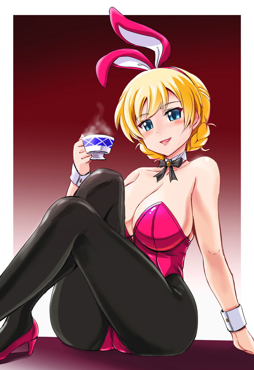 1girl alternate_costume animal_ears arm_support bangs bare_shoulders black_bow black_bowtie black_legwear blonde_hair blue_eyes bow bowtie braid breasts bunnysuit cleavage commentary_request cup darjeeling detached_collar eyebrows_visible_through_hair girls_und_panzer gradient gradient_background high_heels highres holding kumoi_takashi large_breasts leaning_back leotard looking_at_viewer pantyhose parted_lips pink_leotard pink_shoes rabbit_ears red_background shoes short_hair sitting smile solo steam strapless strapless_leotard teacup tied_hair twin_braids wrist_cuffs