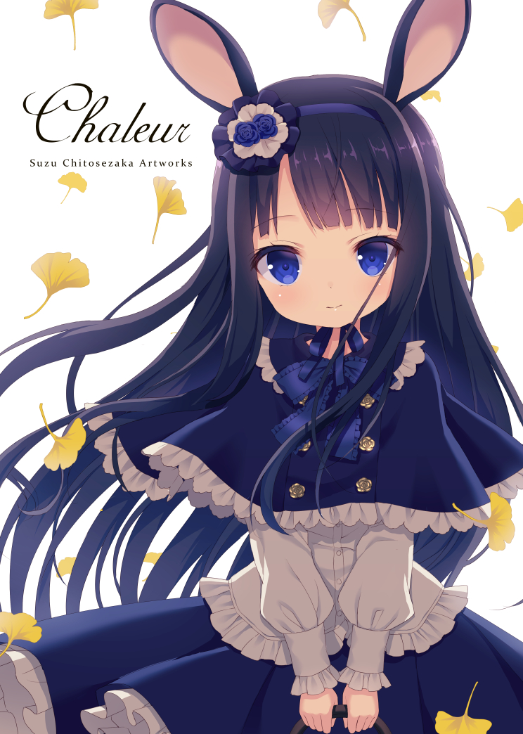 1girl animal_ears bangs black_hair blue_capelet blue_eyes blue_hairband blue_ribbon blue_skirt blunt_bangs capelet chitosezaka_suzu closed_mouth commentary_request cowboy_shot eyebrows_visible_through_hair flower frilled_shirt frilled_skirt frilled_sleeves frills hair_flower hair_ornament hairband head_tilt holding leaves_in_wind long_hair long_sleeves looking_at_viewer neck_ribbon original rabbit_ears ribbon shirt simple_background skirt smile solo standing tareme v_arms white_background white_shirt