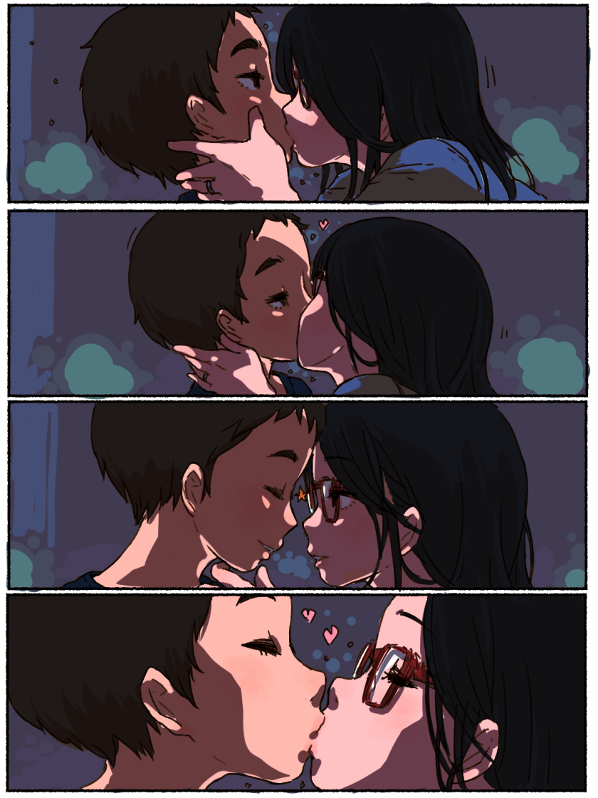 2girls black_hair brown_hair closed_eyes comic finger_to_another's_chin forehead-to-forehead glasses hand_on_another's_face heart jewelry kiss long_hair m_k multiple_girls original ring short_hair smile wife_and_wife yuri