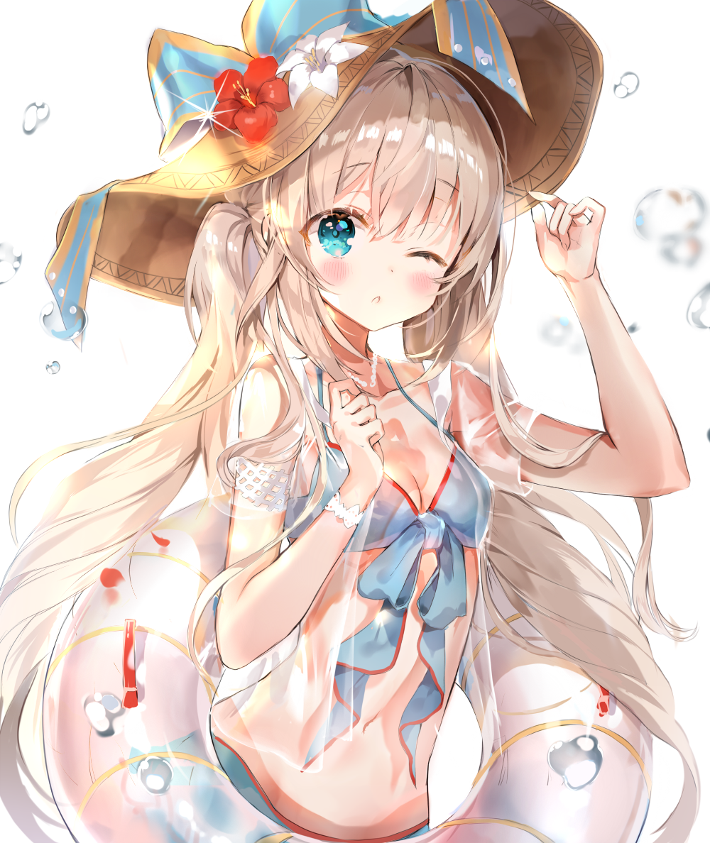 1girl ;o b_rock bangs bikini blue_bikini blue_eyes blush breasts cleavage commentary fate/grand_order fate_(series) flower front-tie_bikini front-tie_top hand_on_headwear hat hat_flower hat_ribbon innertube jewelry long_hair looking_at_viewer marie_antoinette_(fate/grand_order) medium_breasts navel necklace one_eye_closed ribbon see-through silver_hair solo sun_hat swimsuit twintails water_drop white_background wristband