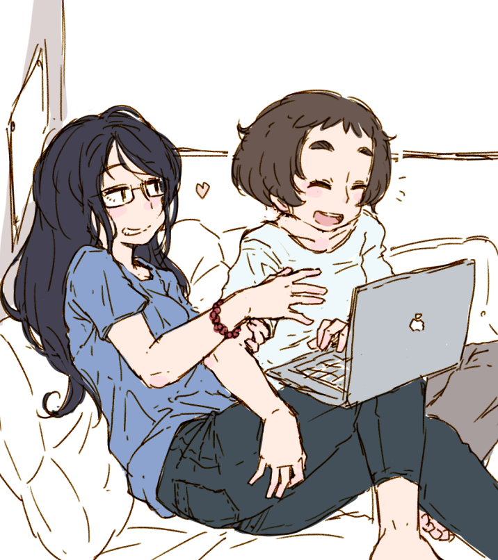 2girls ^_^ arm_grab black_hair blush bracelet brown_hair closed_eyes computer denim glasses heart jeans jewelry laptop laughing long_hair m_k multiple_girls original pants sketch smile wife_and_wife yuri