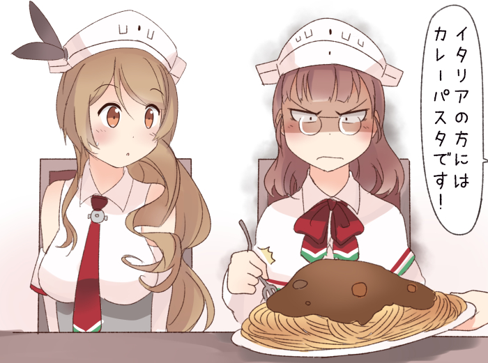 /\/\/\ 2girls angry bare_shoulders blonde_hair brown_eyes brown_hair capelet detached_sleeves food fork glasses holding holding_fork ido_(teketeke) kantai_collection littorio_(kantai_collection) long_hair multiple_girls necktie pasta pince-nez red_necktie roma_(kantai_collection) shaded_face short_hair sitting smoke speech_bubble translation_request tsurime