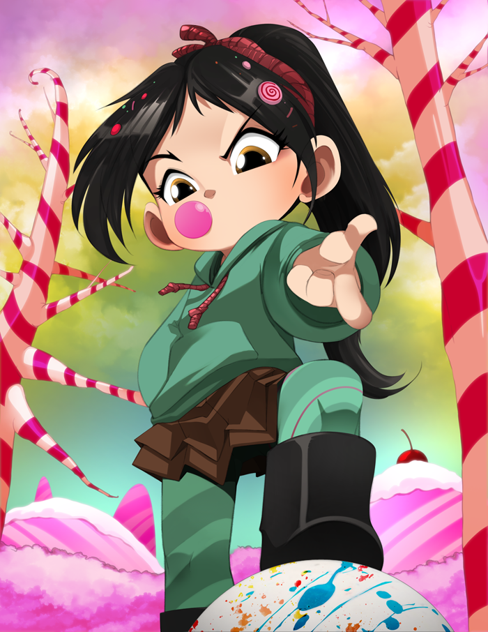 1girl black_boots black_hair bleedman boots brown_eyes bubble_blowing cherry chewing_gum food from_below fruit hair_ornament jawbreakers leggings ponytail raised_eyebrow skirt solo sweater vanellope_von_schweetz wreck-it_ralph