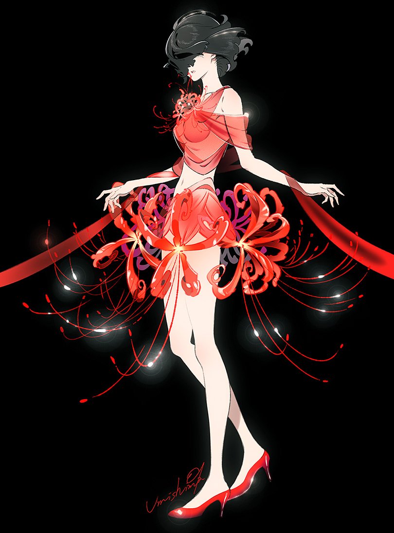 1girl bangs black_hair flower full_body original red_flower red_shirt shirt short_hair solo umishima_senbon