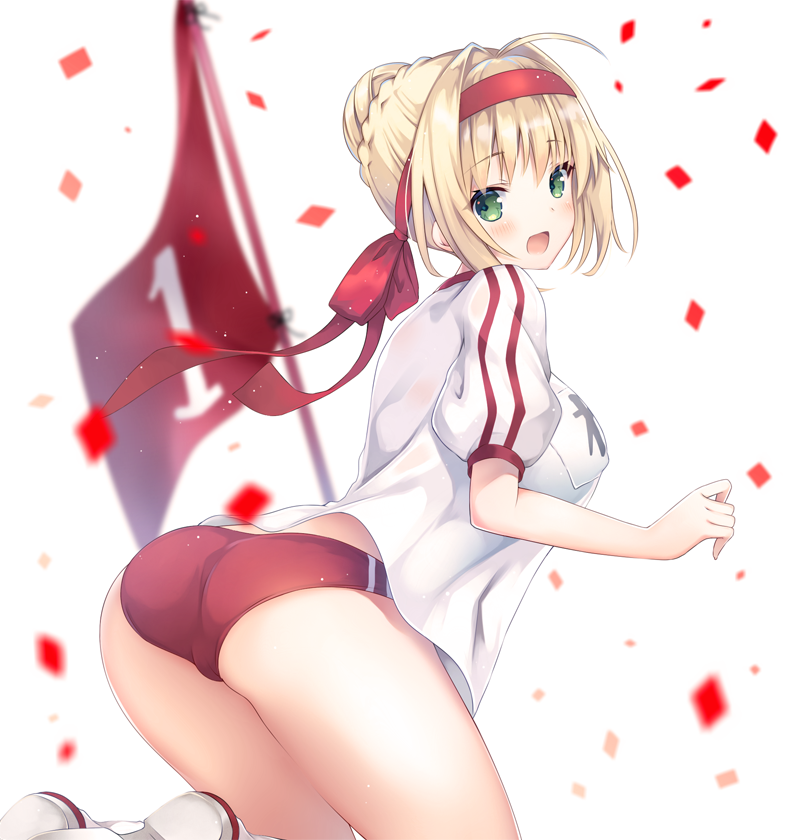 1girl blonde_hair buruma fate_(series) green_eyes gym_uniform hair_ribbon kanora looking_at_viewer name_tag ribbon saber_extra short_hair solo