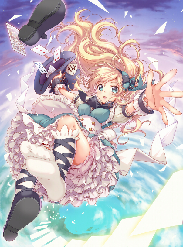 1girl :o alice_(wonderland) alice_in_wonderland apron black_ribbon black_shoes blonde_hair blue_dress blue_eyes bow card dress falling frills hair_bow hat holding holding_hat kneehighs leg_ribbon long_hair looking_at_viewer petticoat playing_card puffy_sleeves ribbon shoe_removed shoes solo takase_kou top_hat white_apron white_bloomers white_bow white_legwear wrist_cuffs