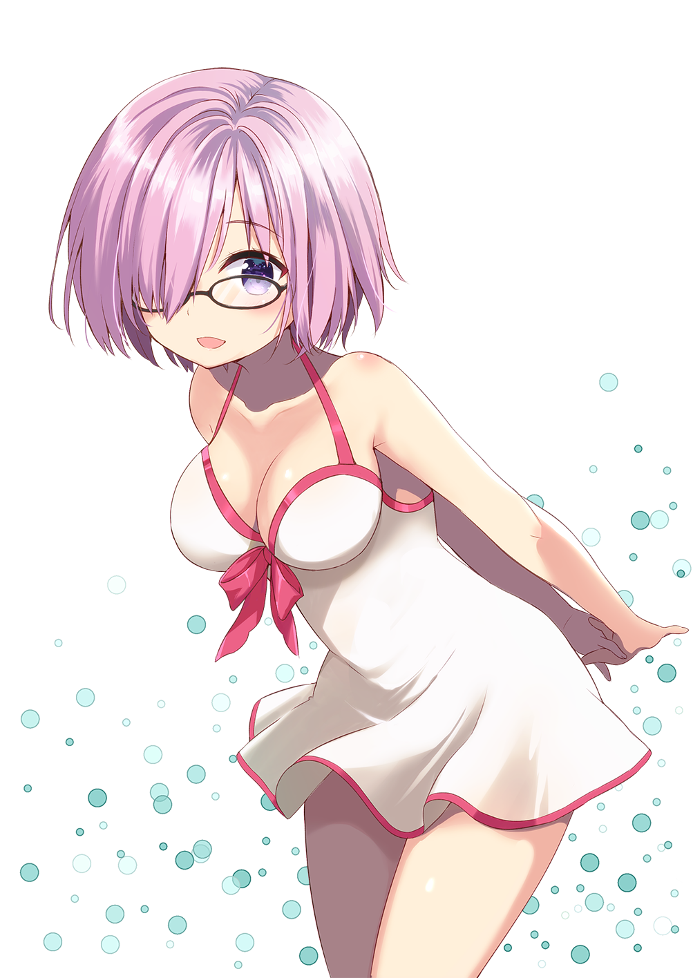 1girl :d arms_behind_back bangs black-framed_eyewear blush breasts collarbone dress eyebrows_visible_through_hair fate_(series) glasses hair_over_one_eye highres large_breasts leaning_forward looking_at_viewer open_mouth purple_hair shielder_(fate/grand_order) short_hair smile solo swimsuit thighs violet_eyes white_dress white_swimsuit yoshikita_popuri