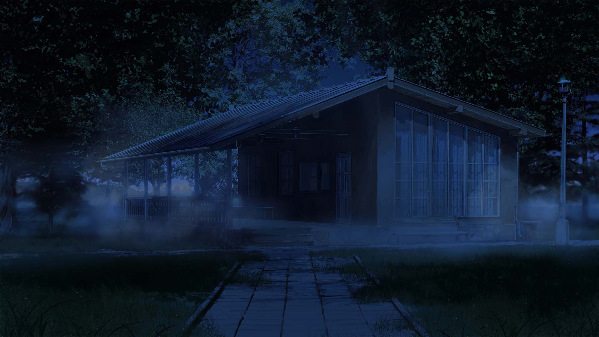 arsenixc bad_id bad_pixiv_id bench blue building collaboration commentary dark everlasting_summer fog grass highres house lamppost nature night no_humans original photorealistic scenery tree vvcephei