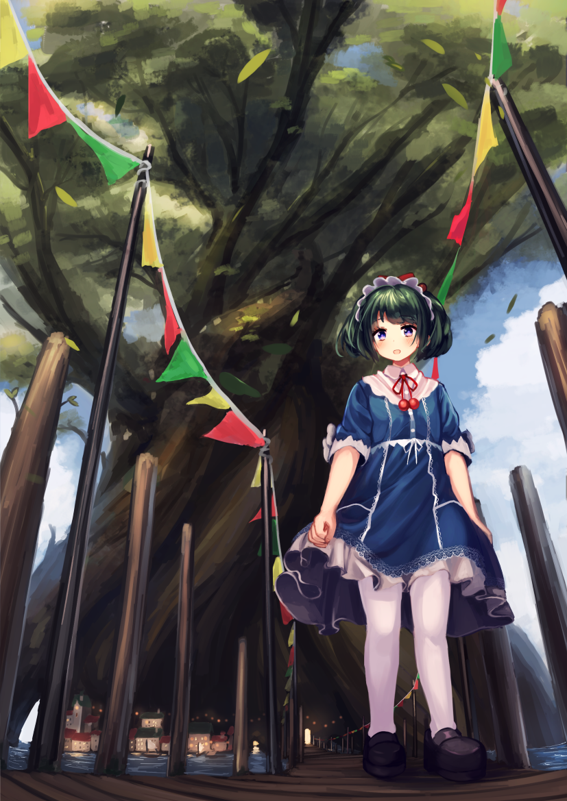 1girl :d arms_at_sides bangs black_shoes blue_dress blush bridge building clouds cloudy_sky collared_dress commentary_request day dress eyebrows_visible_through_hair from_below green_hair head_tilt looking_at_viewer neck_ribbon open_mouth original outdoors pantyhose pennant pole pom_pom_(clothes) red_ribbon ribbon scenery shoes short_sleeves sky smile solo standing string_of_flags tareme tree usagino_suzu village violet_eyes water white_collar white_legwear