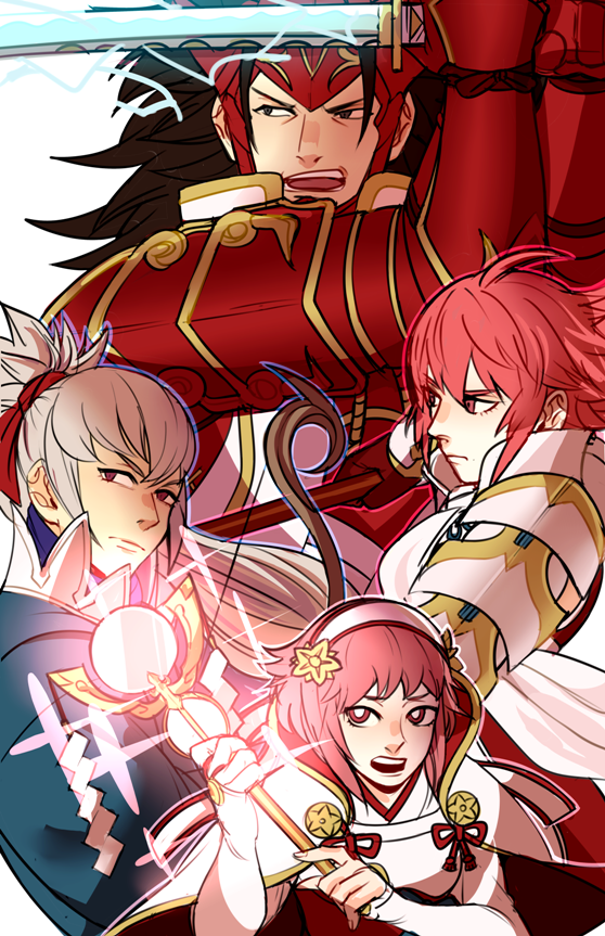 2boys 2girls armor brown_hair fire_emblem fire_emblem_if hinoka_(fire_emblem_if) holding holding_sword holding_weapon japanese_clothes katana looking_at_viewer multiple_boys multiple_girls pink_hair ponytail ryouma_(fire_emblem_if) sakura_(fire_emblem_if) sword takumi_(fire_emblem_if) weapon white_hair