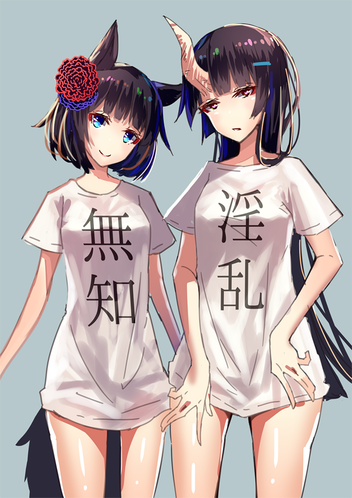 2girls animal_ears bangs black_hair blue_background blue_eyes blunt_bangs breasts brown_eyes brown_hair closed_mouth cowboy_shot flower hair_flower hair_ornament hairclip horn long_hair looking_at_viewer multiple_girls naked_shirt original parted_lips shirt short_hair short_sleeves simple_background small_breasts smile standing tail translation_request white_shirt zennmai_siki