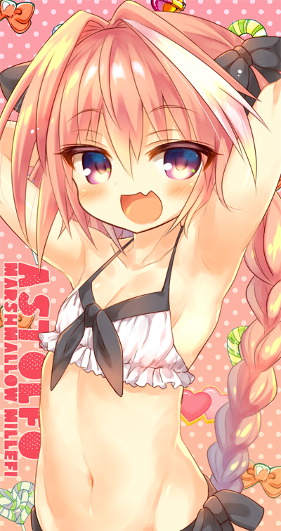1boy :d arms_behind_head artist_name bikini black_bow blush bow braid character_name fang fate/apocrypha fate/grand_order fate_(series) hair_bow long_hair looking_at_viewer male_focus marshmallow_mille navel open_mouth pink_background pink_hair polka_dot polka_dot_background rider_of_black single_braid smile solo swimsuit trap violet_eyes