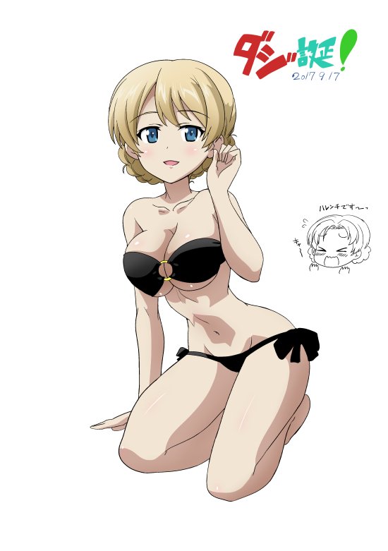 1girl bikini black_bikini blonde_hair blue_eyes braid breasts cleavage darjeeling girls_und_panzer kneeling looking_at_viewer nanashiro_gorou o-ring_top open_mouth orange_pekoe short_hair side-tie_bikini simple_background solo swimsuit tied_hair twin_braids white_background