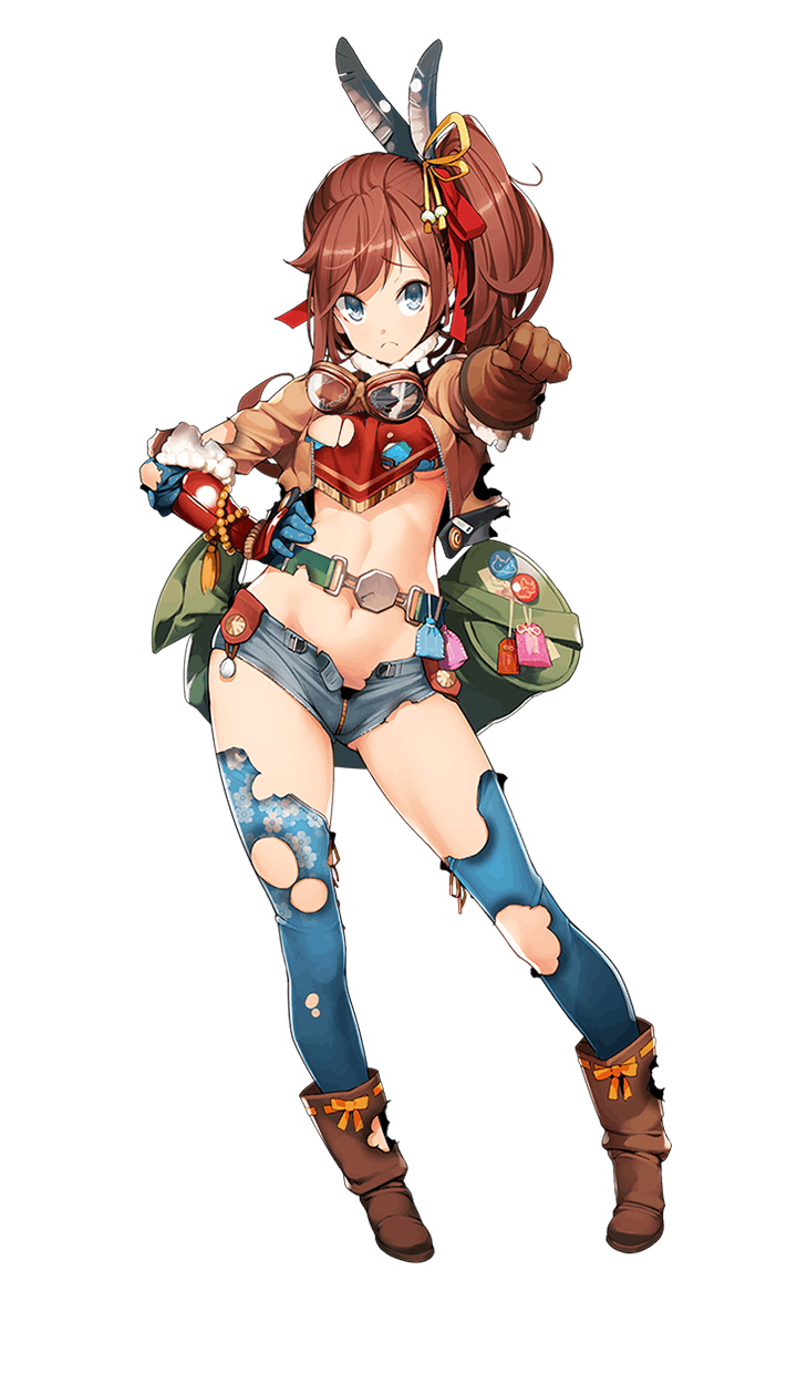 1girl ataruman bag blue_eyes boots brown_hair chaps clenched_hand cowboy_boots duffel_bag feathers formation_girls frown full_body gloves goggles hand_on_hip highres kobayakawa_karin long_hair looking_at_viewer midriff navel official_art short_shorts shorts side_ponytail solo torn_clothes transparent_background unbuttoned