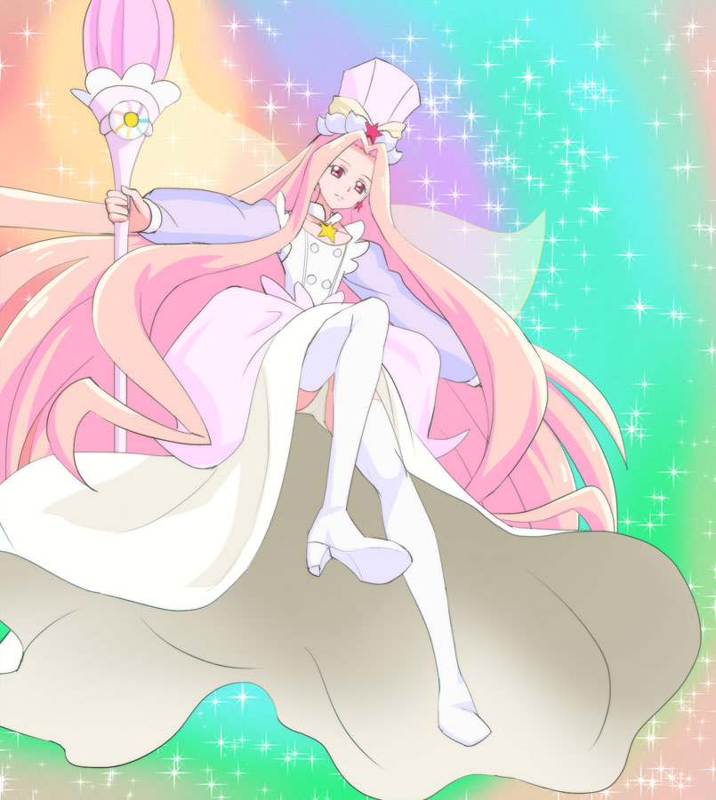 1girl boots earrings fairy_wings female full_body haruyama_kazunori hat jewelry kirakira_precure_a_la_mode long_hair long_sleeves looking_down lumiere_(precure) multicolored multicolored_background pink_hair precure red_eyes solo sparkle sparkle_background staff star star_earrings thigh-highs thigh_boots very_long_hair white_boots white_legwear wings