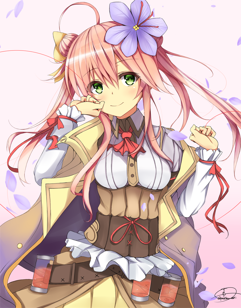 1girl ahoge belt bow closed_mouth corset cowboy_shot double_bun dress flower flower_knight_girl frills green_eyes hair_bow hair_flower hair_ornament long_hair looking_at_viewer petals pink_background pink_hair red_ascot saffron_(flower_knight_girl) signature smile solo suzume_(simple0091) twintails yellow_bow